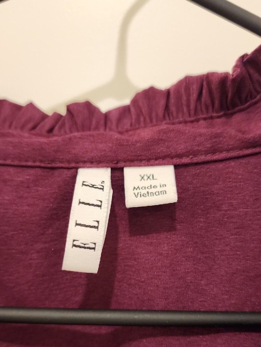 Elle Wine Button-Front Ruffle Neck Blouse - Picture 2 of 6